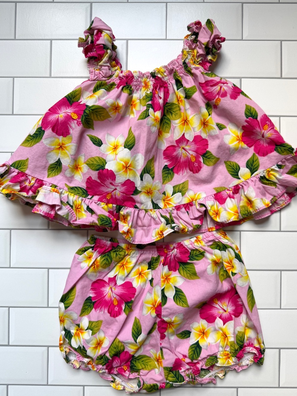 12M🌺 RJC Hawaii Baby Girls Pink Hibiscus Flowers 2pc Hawaiian Cabana Set